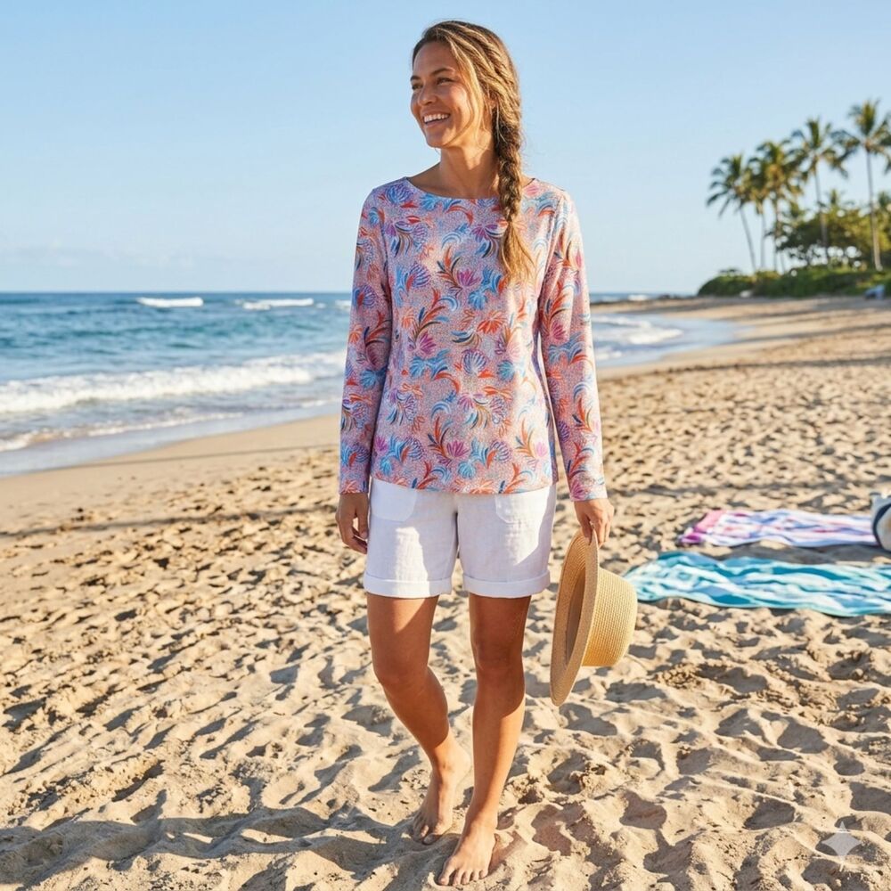 Stella Parker Floral Pink Sun Protection Top Long Sleeves Medium UPF 50+